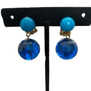 Vintage Earrings W Germany Faceted Acrylic Dangle Clip Blue Turquoise Mod GoGo